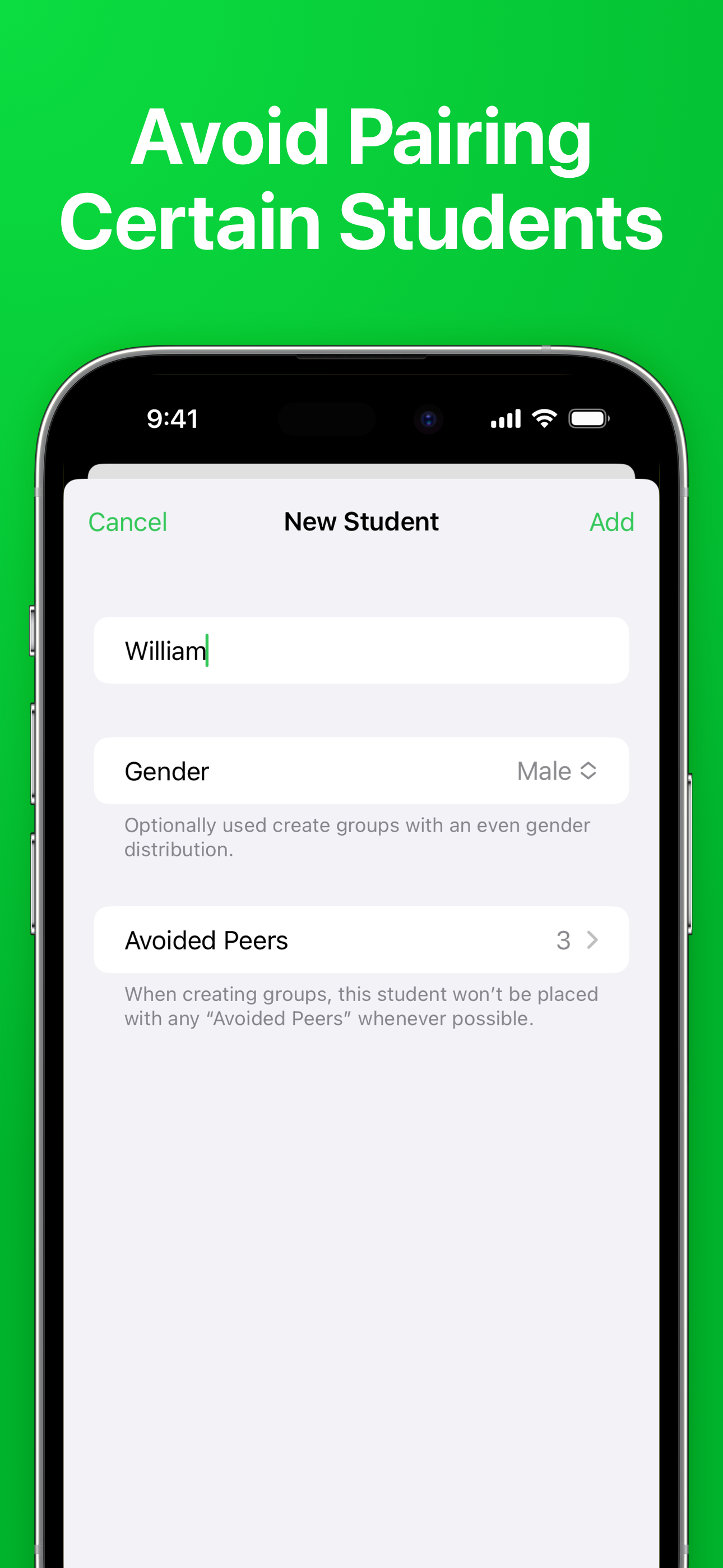 Screenshot of a creating a student in the Groups app.