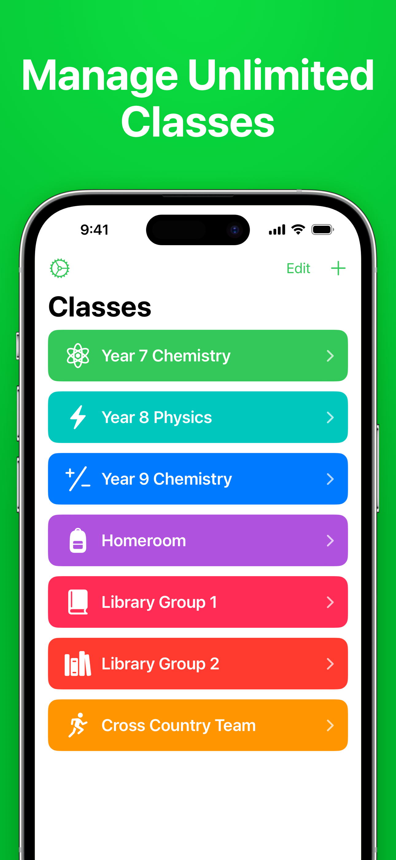 Screenshot of a list of classes, each with an icon, in the Groups app.