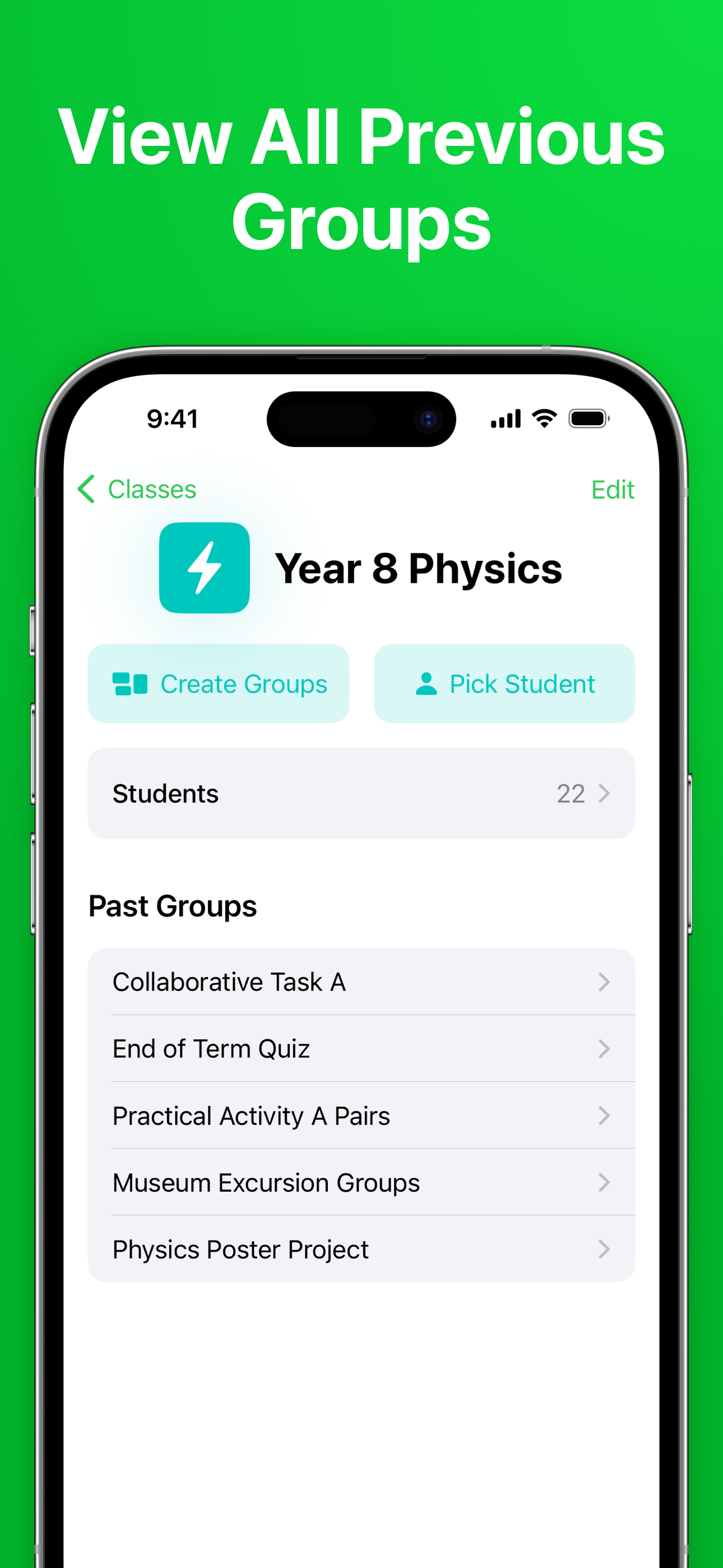 Screenshot of a list of previous groups in the Groups app.
